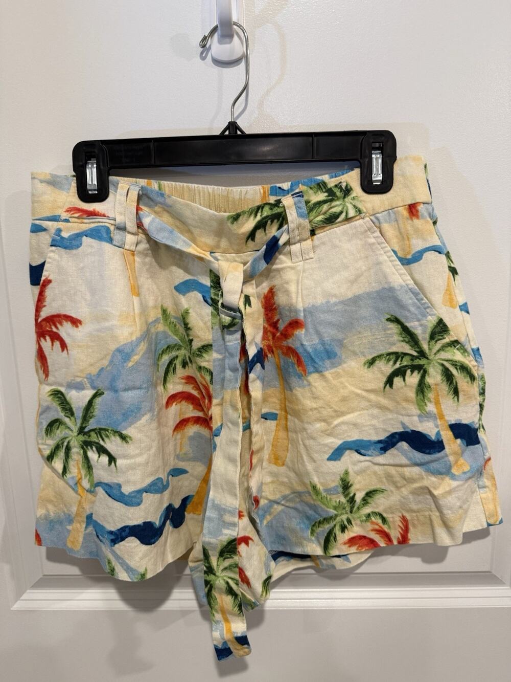 C&C California Tropical Beach Palm Tree Belted Linen Blend Shorts Womens Size 10